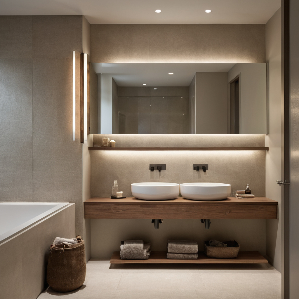 How can a mirror-on-mirror bathroom provide task lighting without glare interior planning detail