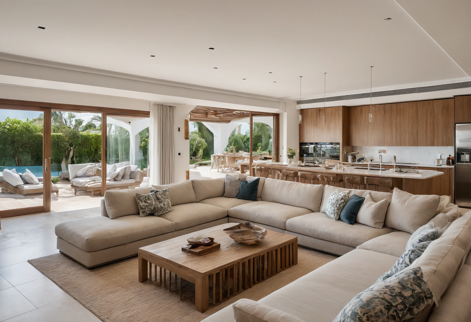 Open family room and kitchen furnished as the daily core of a villa