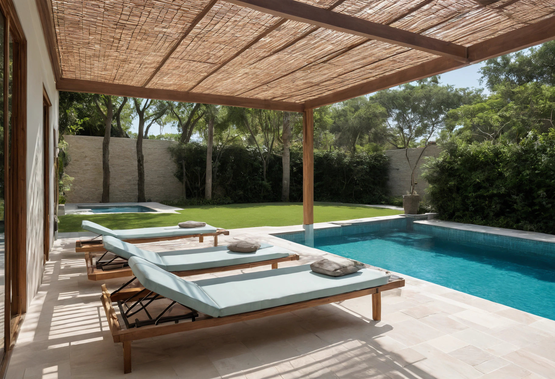 Pool deck with pergola shade and light textured stone