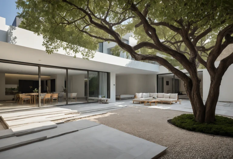 Villa courtyard with a feature tree and continuous stone flooring